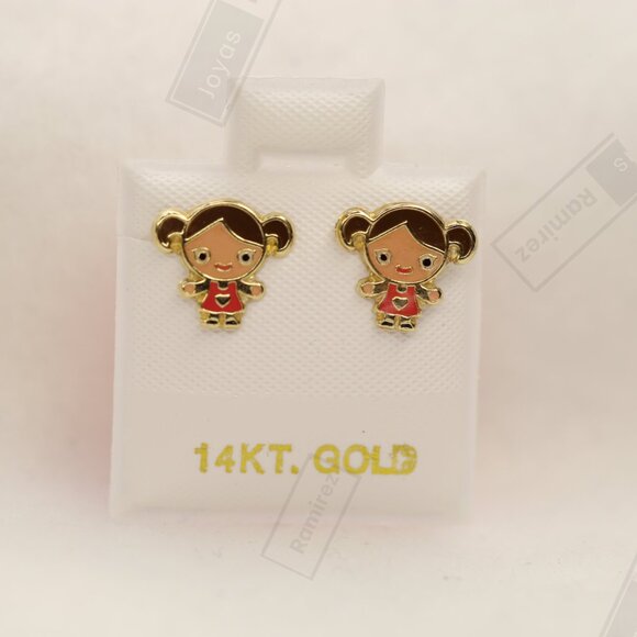 Enamel Girl Stud Earrings For Kids In Solid 14K Gold • Jewelry For Girls. - Picture 9 of 15